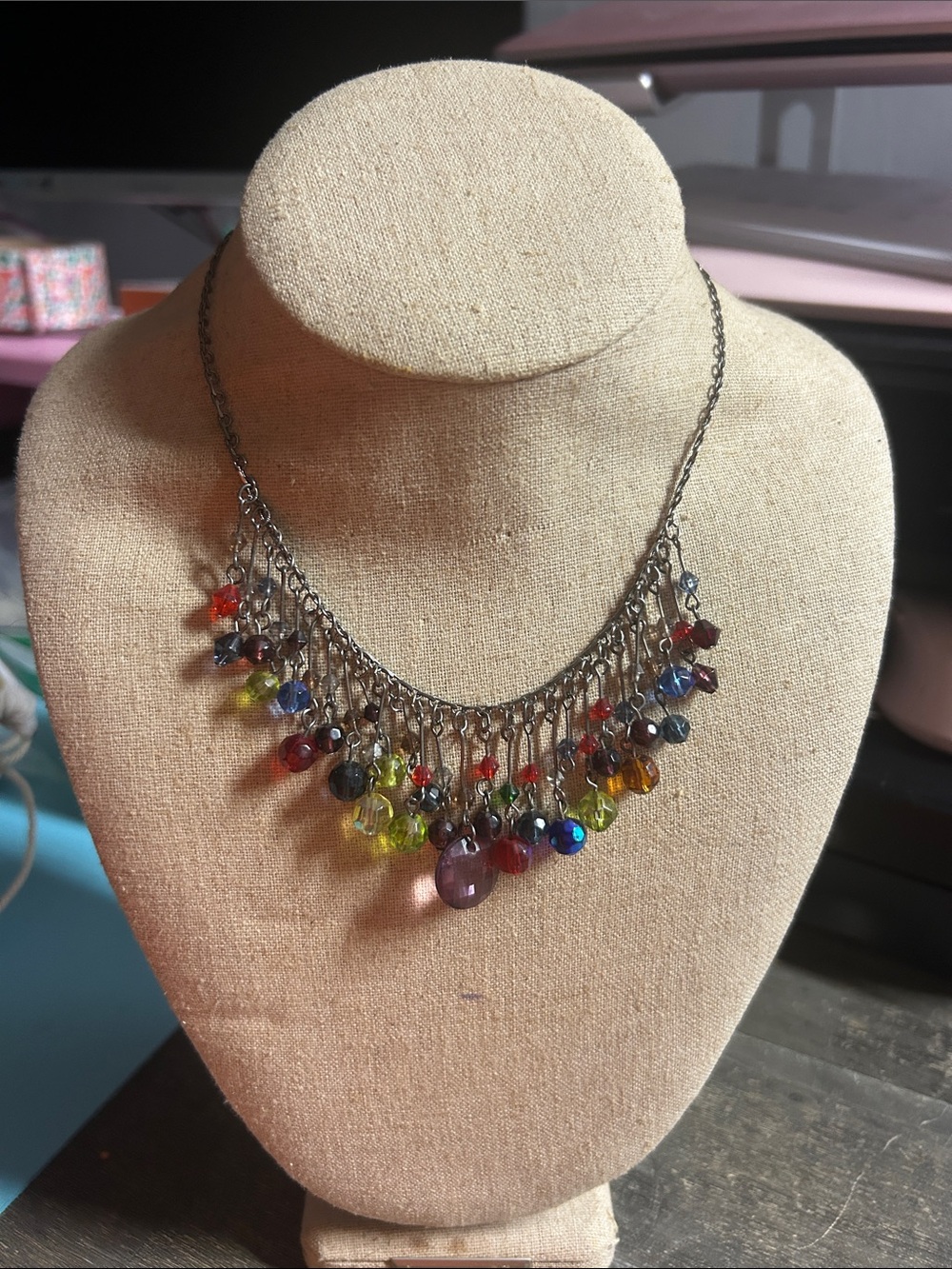 Multicolor Glass Bead Fringe Necklace - cookie Lee